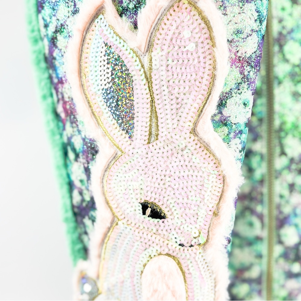Irregular Choice “Lapin” Fuzzy Bunny Sequin Glitter Boots Mint Green & Pink - Picture 6 of 6